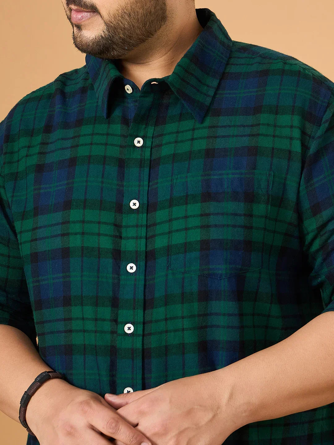 Plus size men's green and navy blue checked shirt with button closure and chest pocket