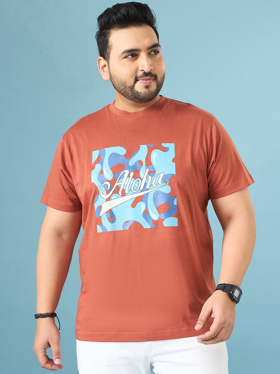 Men Plus Size Aloha Brown Printed Round Neck Tshirt