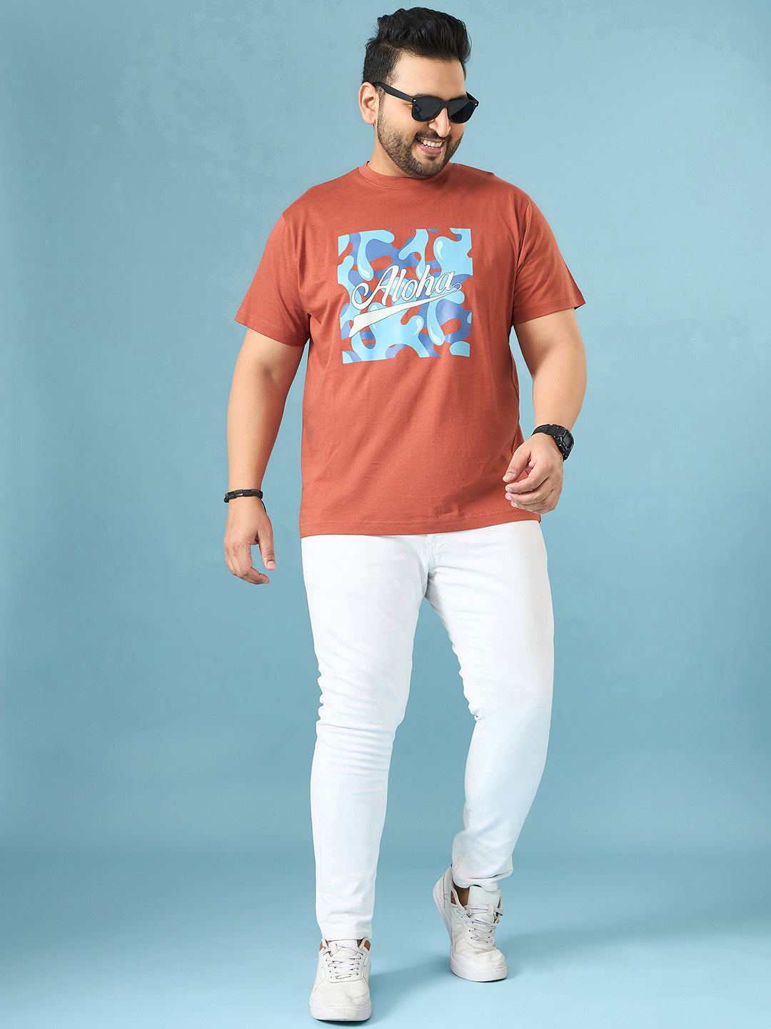 Men Plus Size Aloha Brown Printed Round Neck Tshirt