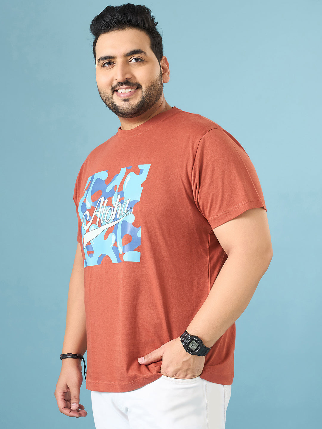 Men Plus Size Aloha Brown Printed Round Neck Tshirt