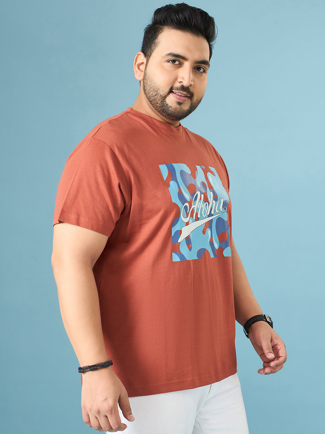Men Plus Size Aloha Brown Printed Round Neck Tshirt