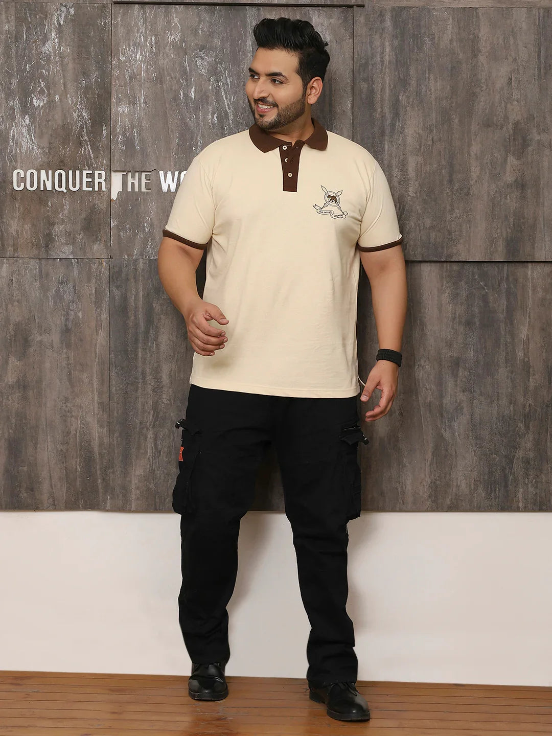 Men Plus Size Artsy Solid Beige Polo Tshirt - bigbanana