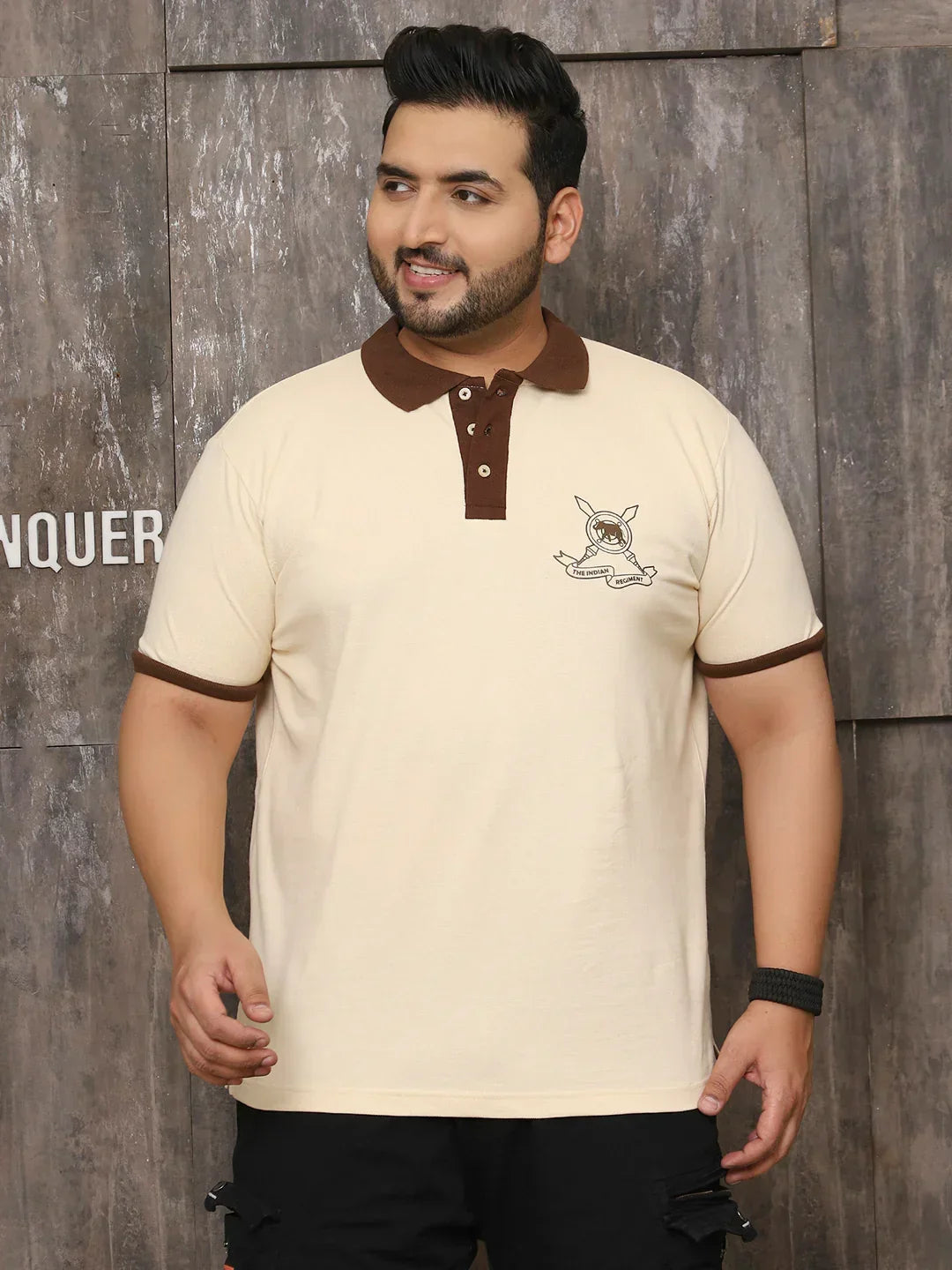 Men Plus Size Artsy Solid Beige Polo Tshirt - bigbanana