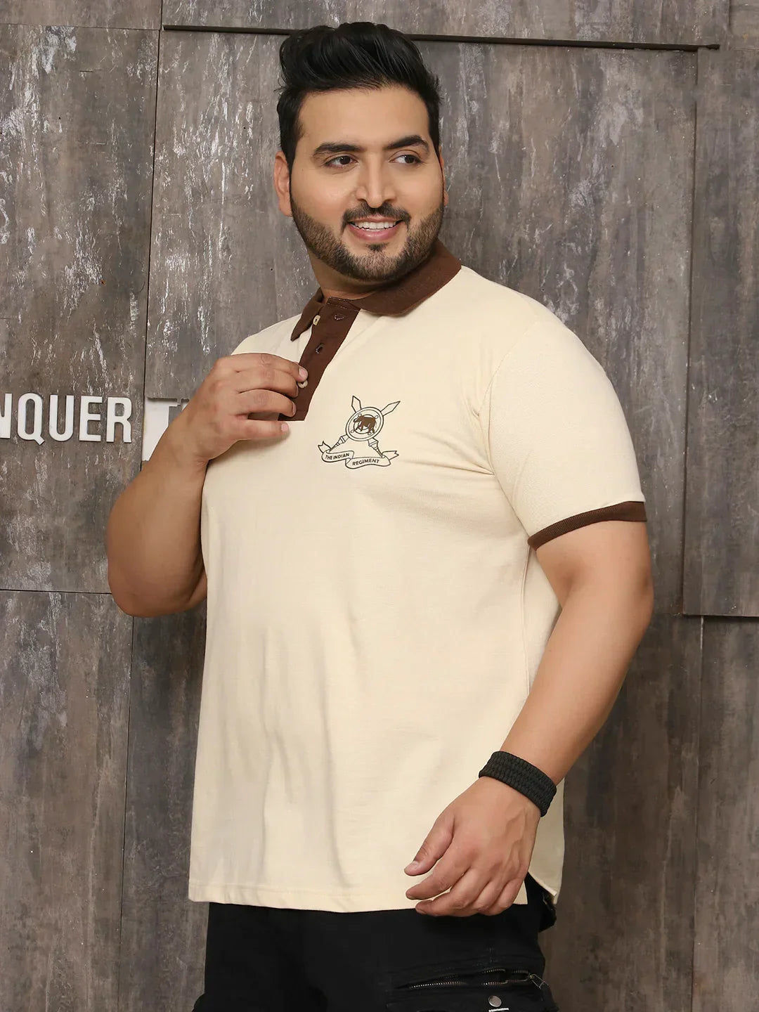 Men Plus Size Artsy Solid Beige Polo Tshirt - bigbanana