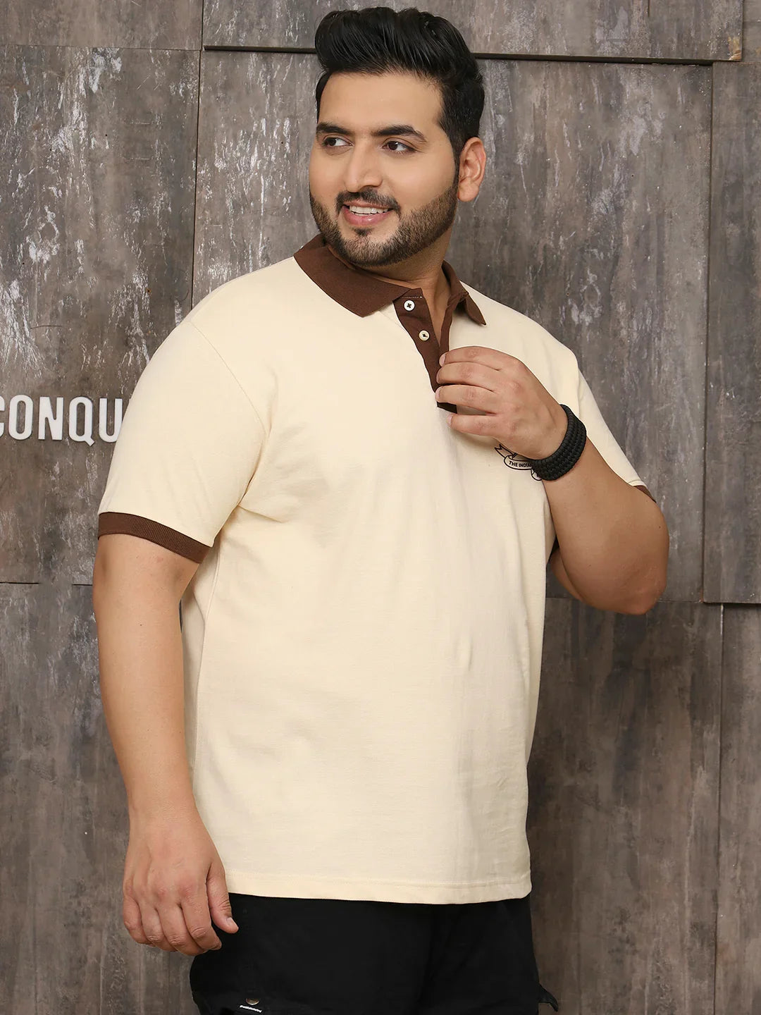 Men Plus Size Artsy Solid Beige Polo Tshirt - bigbanana