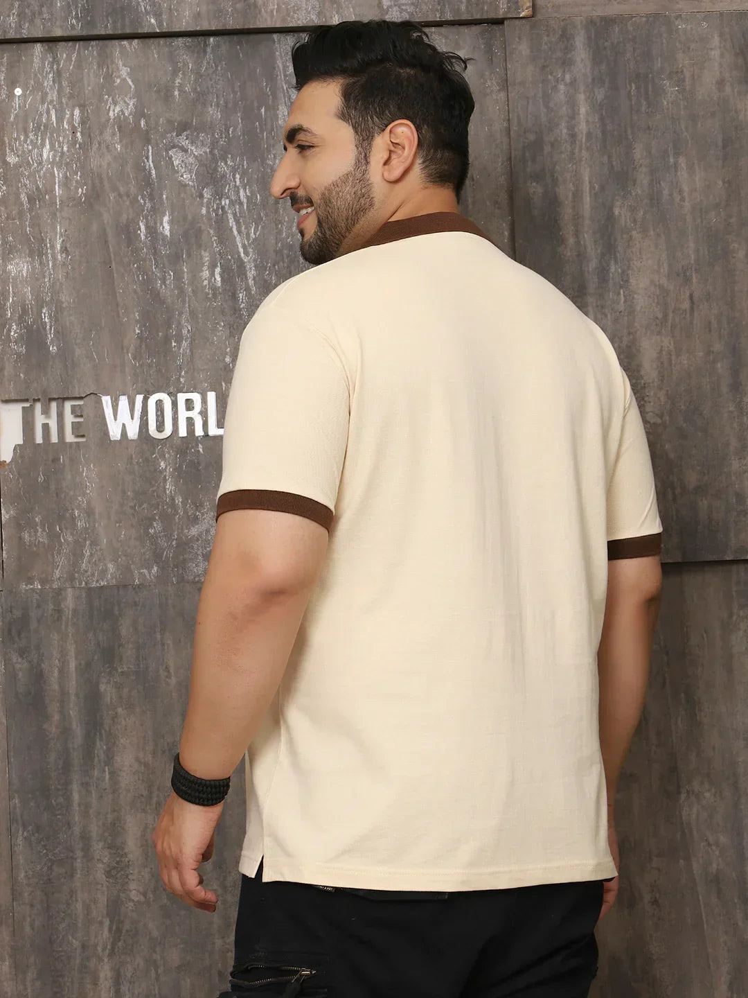 Men Plus Size Artsy Solid Beige Polo Tshirt - bigbanana