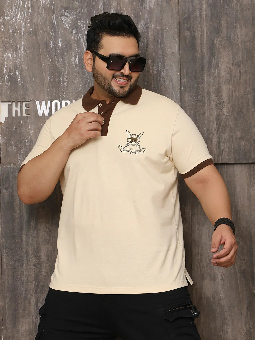 Men Plus Size Artsy Solid Beige Polo Tshirt - bigbanana