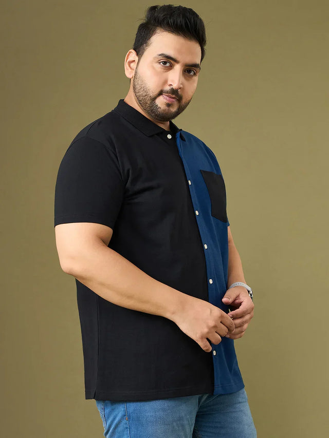 Plus size man in half-black, half-blue short sleeve shirt and jeans