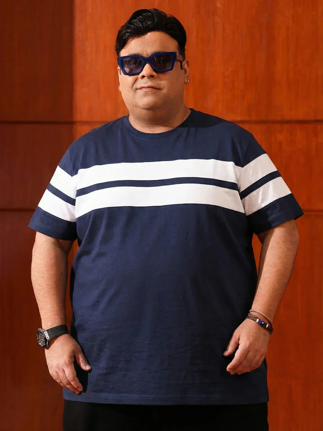 Men Plus Size Bridge Navy Colorblock Round Neck Tshirt