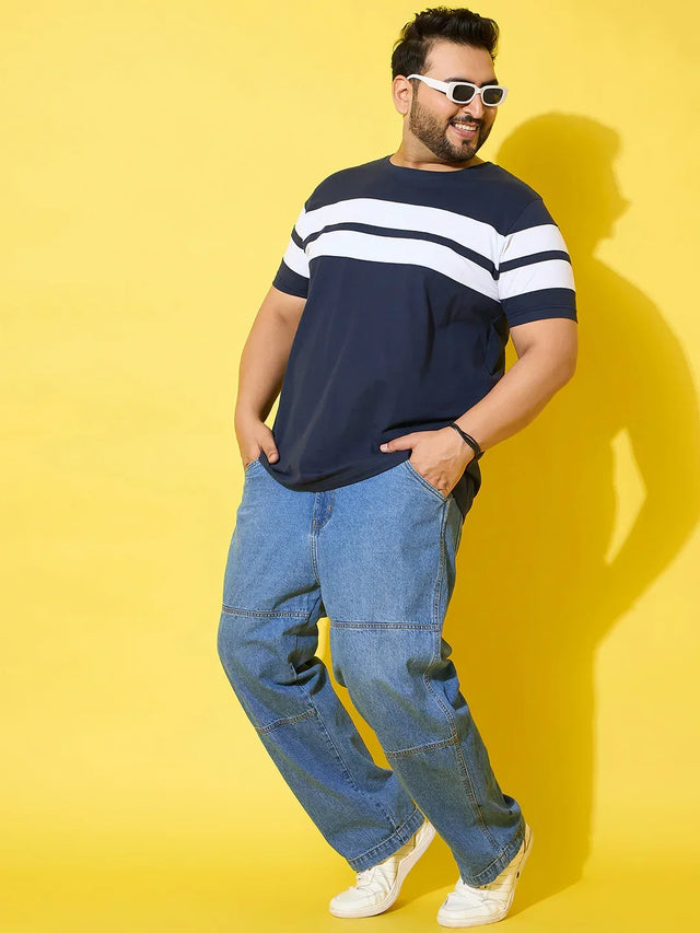 Men Plus Size Bridge Navy Colorblock Round Neck Tshirt