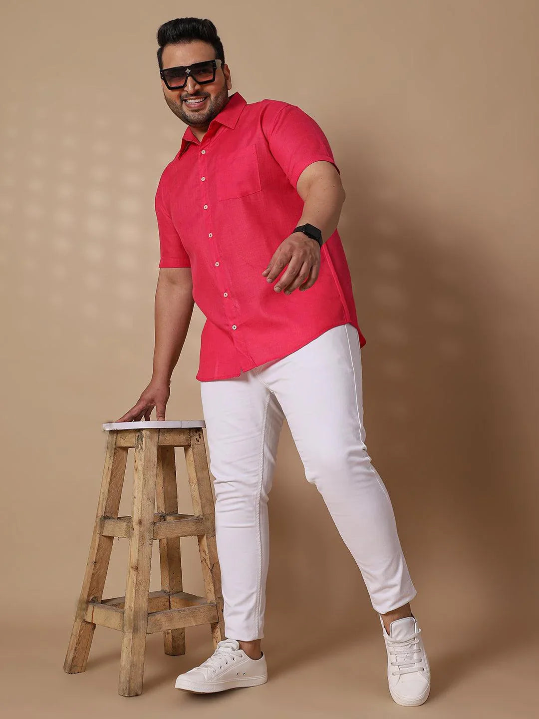 Men Plus Size Britain-Pink Solid Shirt - bigbanana