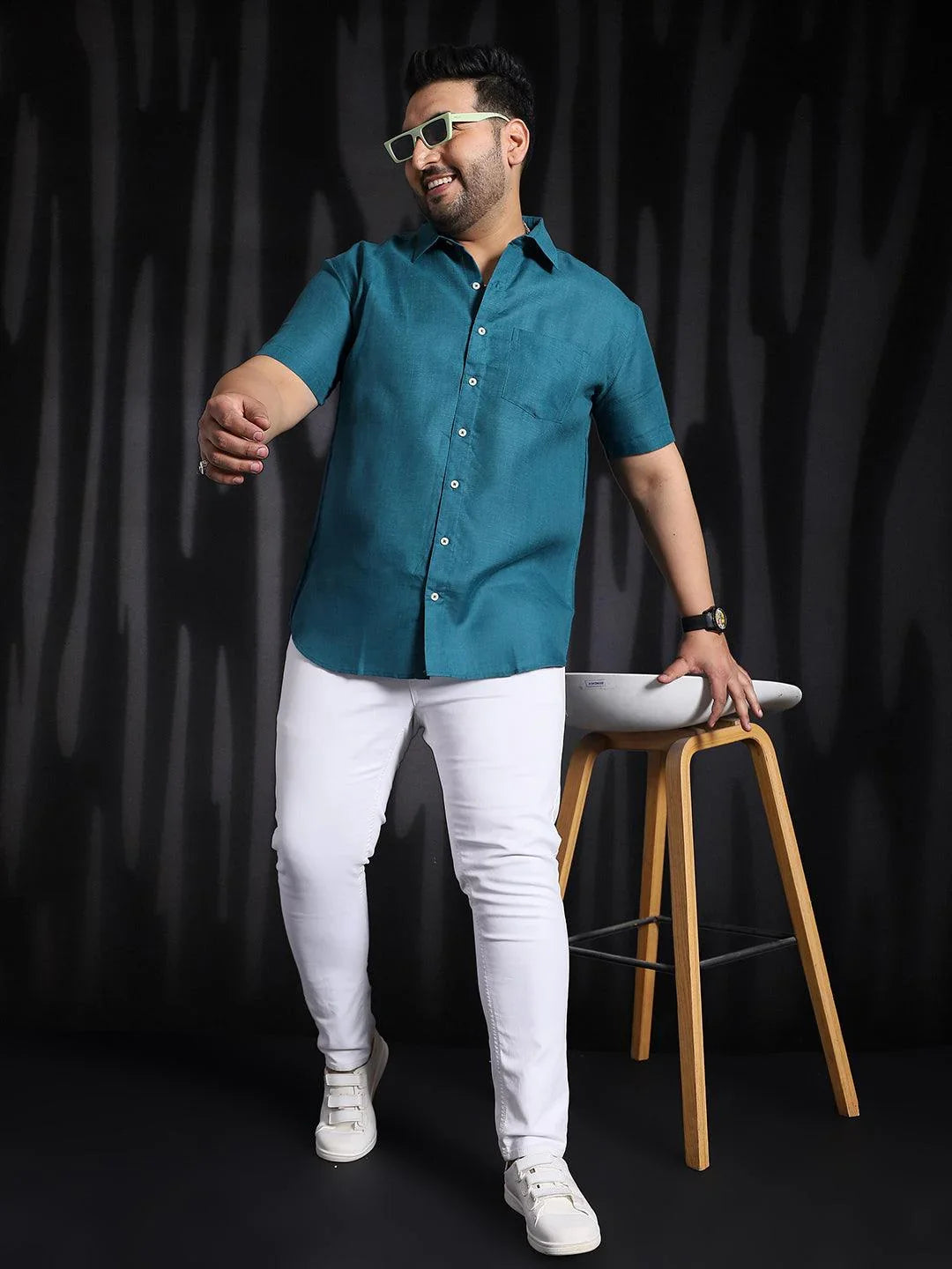 Men Plus Size Britain-Teal Solid Shirt - bigbanana