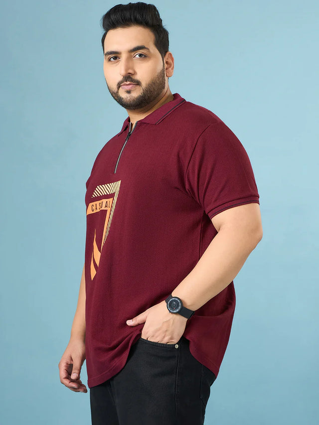 Men Plus Size Cajual Maroon Printed Polo Tshirt