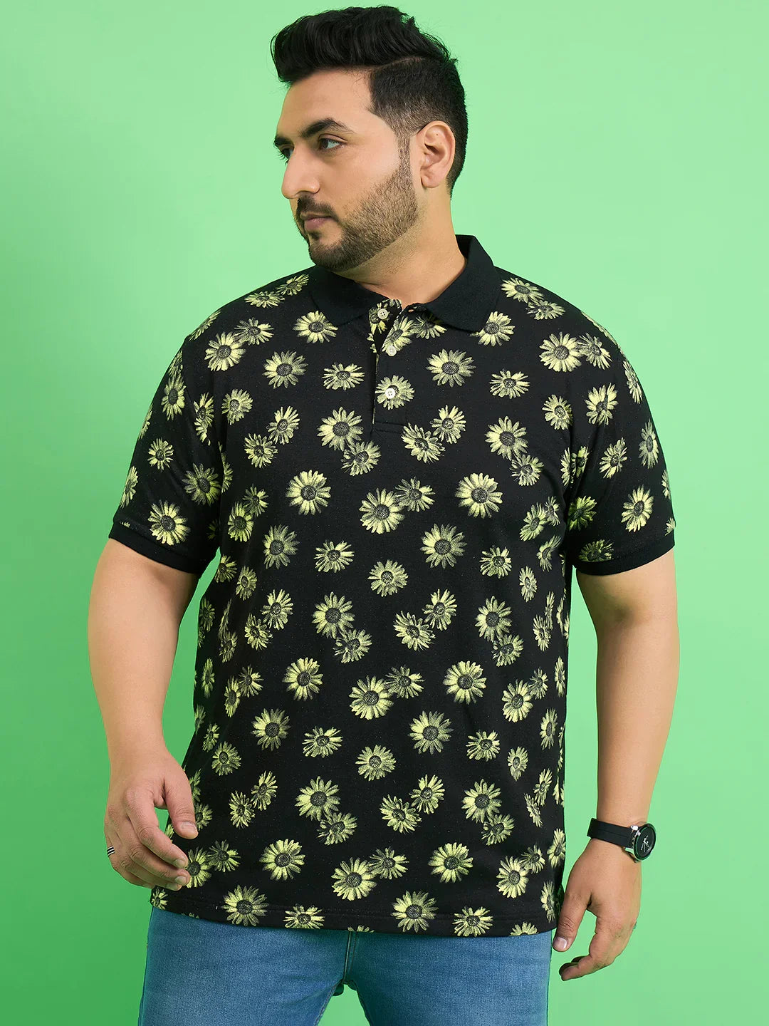 Men Plus Size Chassis Floral Print Polo Tshirt - bigbanana