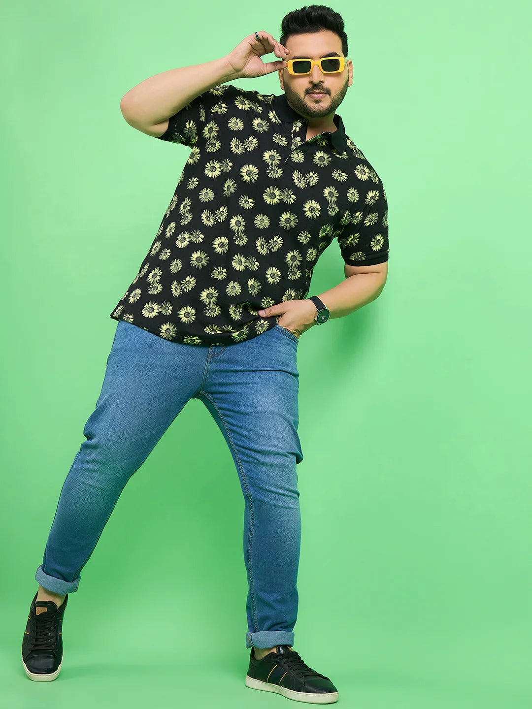 Men Plus Size Chassis Floral Print Polo Tshirt - bigbanana