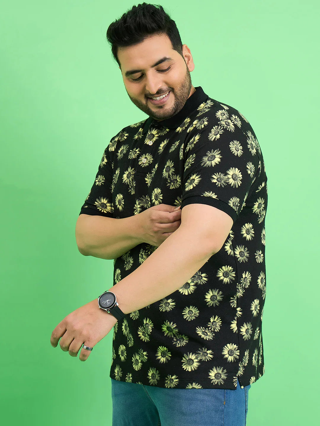 Men Plus Size Chassis Floral Print Polo Tshirt - bigbanana