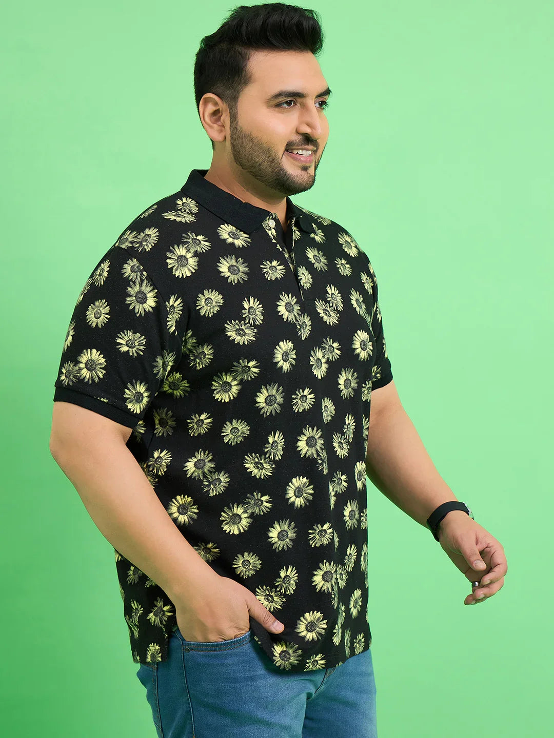 Men Plus Size Chassis Floral Print Polo Tshirt - bigbanana