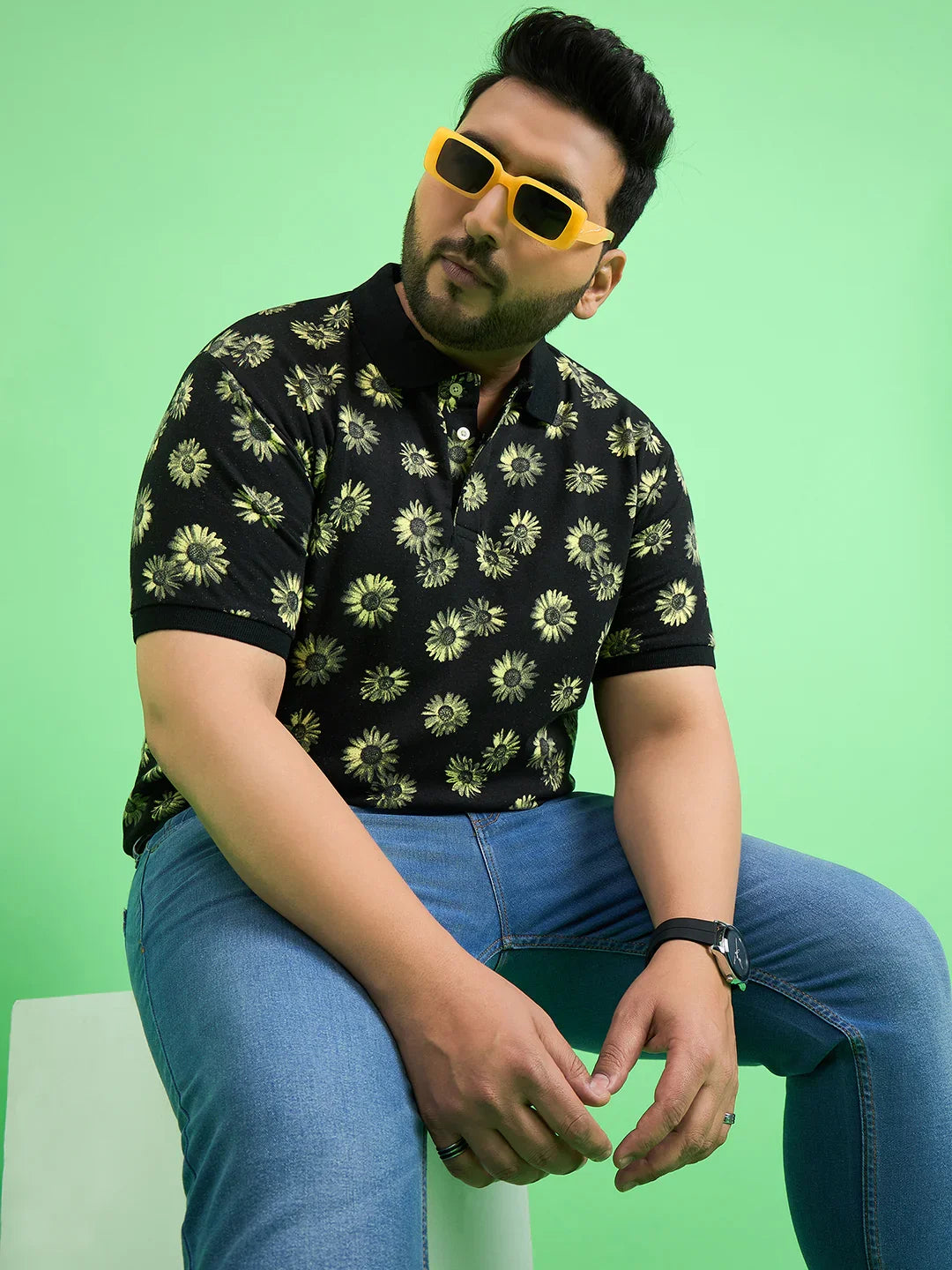 Men Plus Size Chassis Floral Print Polo Tshirt - bigbanana