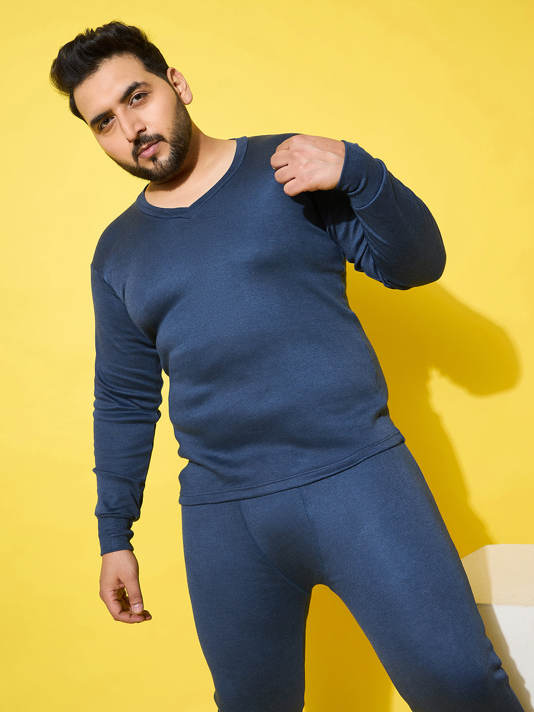 Men Plus Size Cosy-Blue Solid Thermal Top