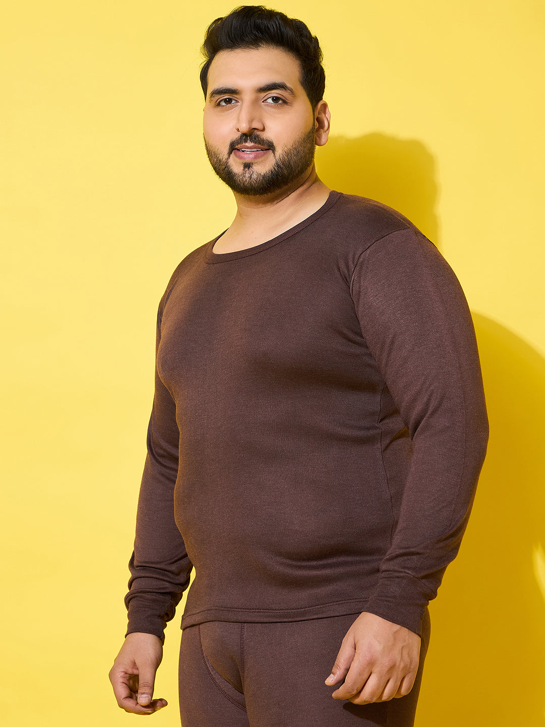 Men Plus Size Cosy-Brown Solid Thermal Top