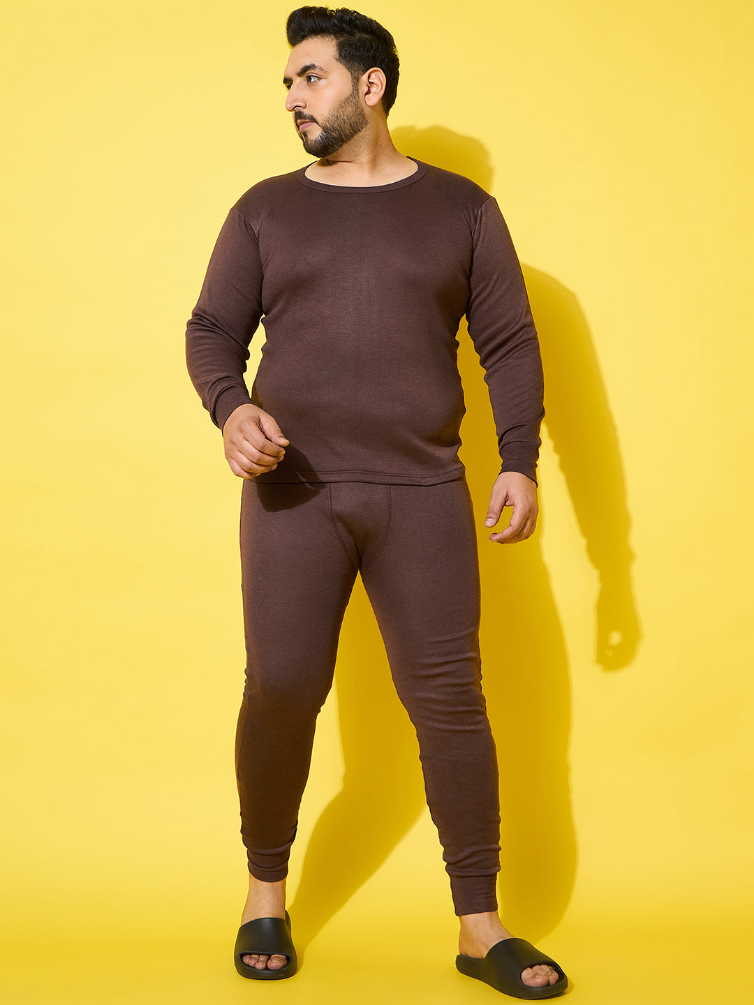 Men Plus Size Cosy-Brown Solid Thermal Top