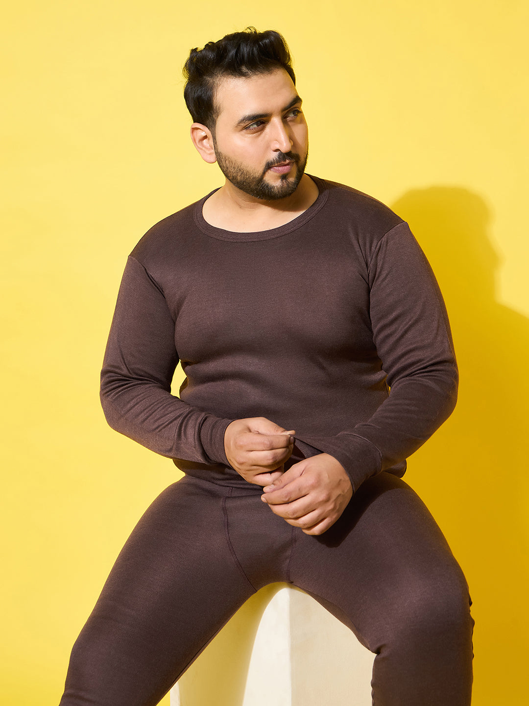 Men Plus Size Cosy-Brown Solid Thermal Top