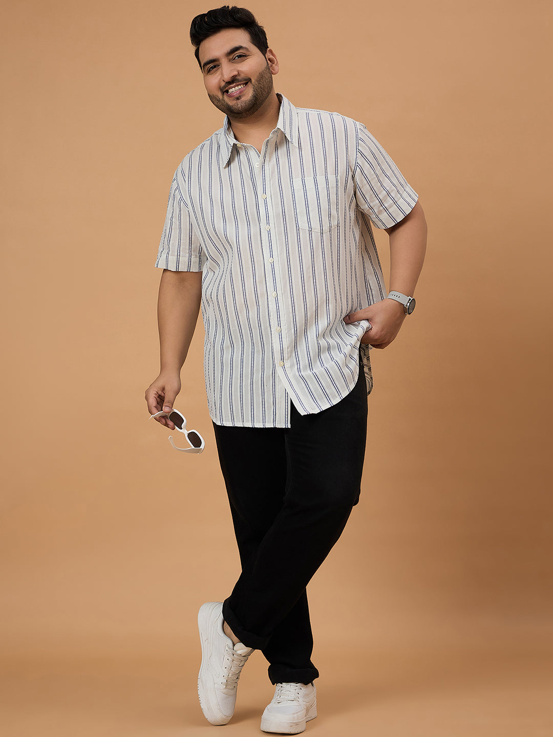 Men Plus Size Crezze Jackquard Stripe Shirt - bigbanana