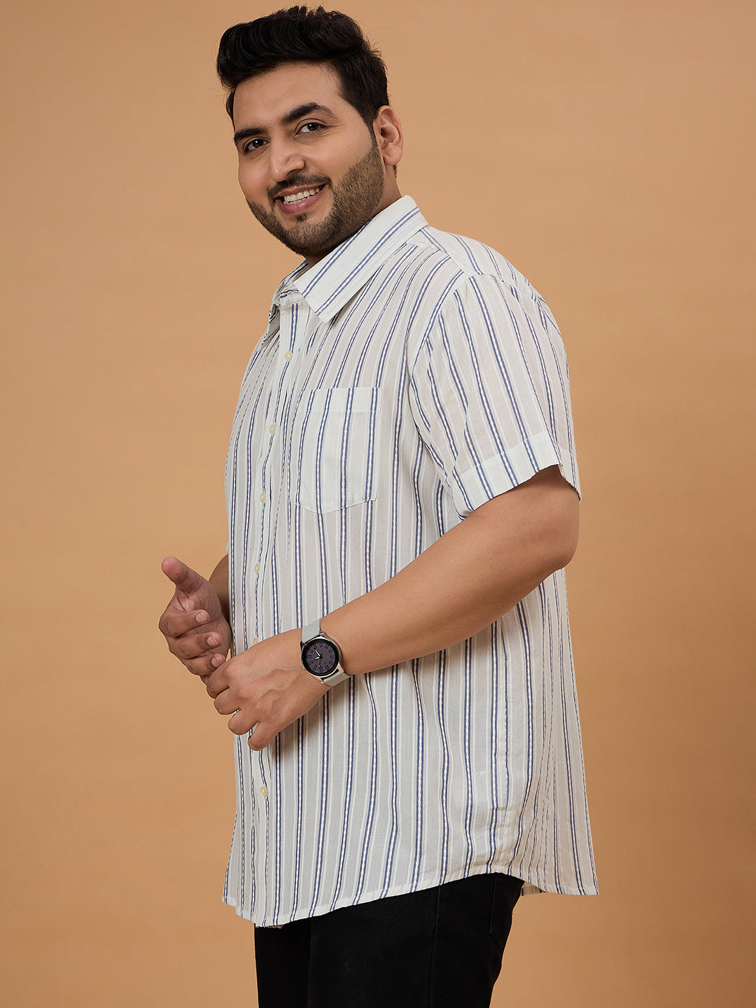 Men Plus Size Crezze Jackquard Stripe Shirt - bigbanana