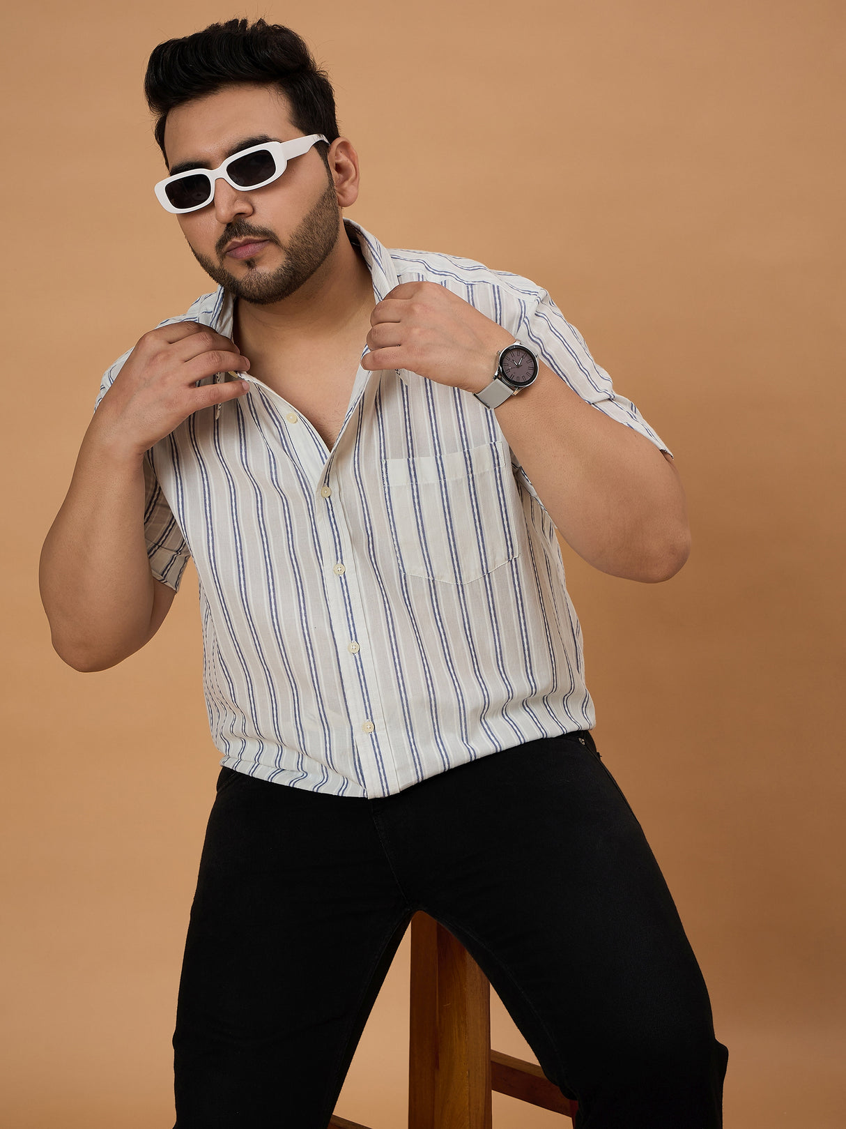 Men Plus Size Crezze Jackquard Stripe Shirt - bigbanana