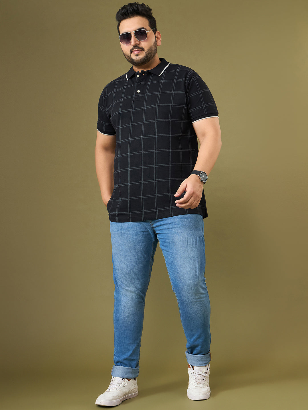 Men Plus Size Cryptic Black Check Polo Tshirt
