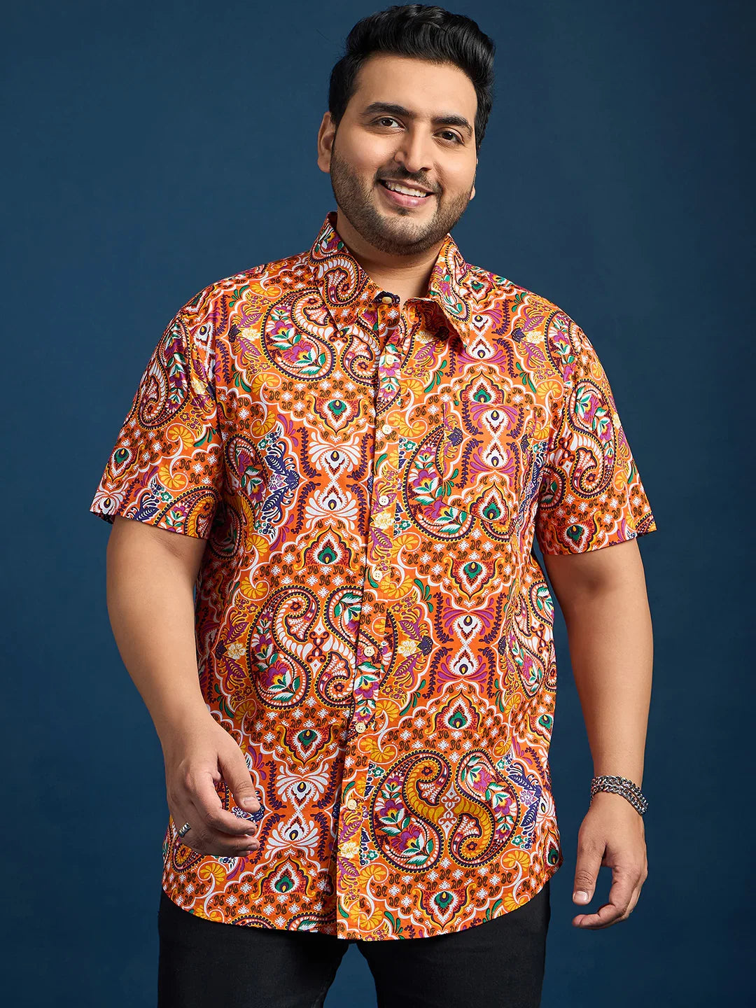 Men Plus Size Denn Self-Design Printed Orange Shirt - bigbanana