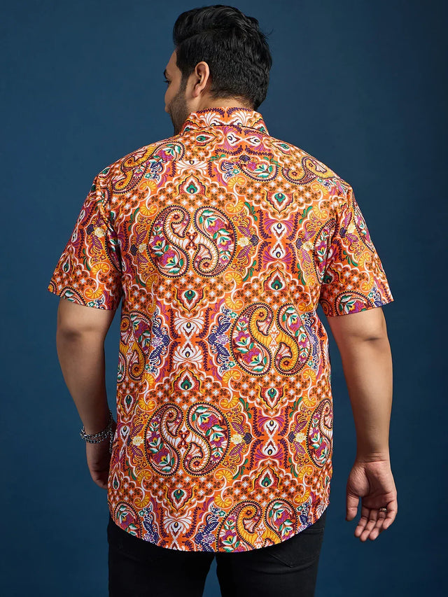 Men Plus Size Denn Self-Design Printed Orange Shirt - bigbanana