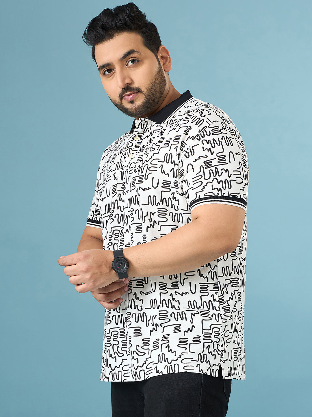Men Plus Size Doodle White Printed Polo Tshirt