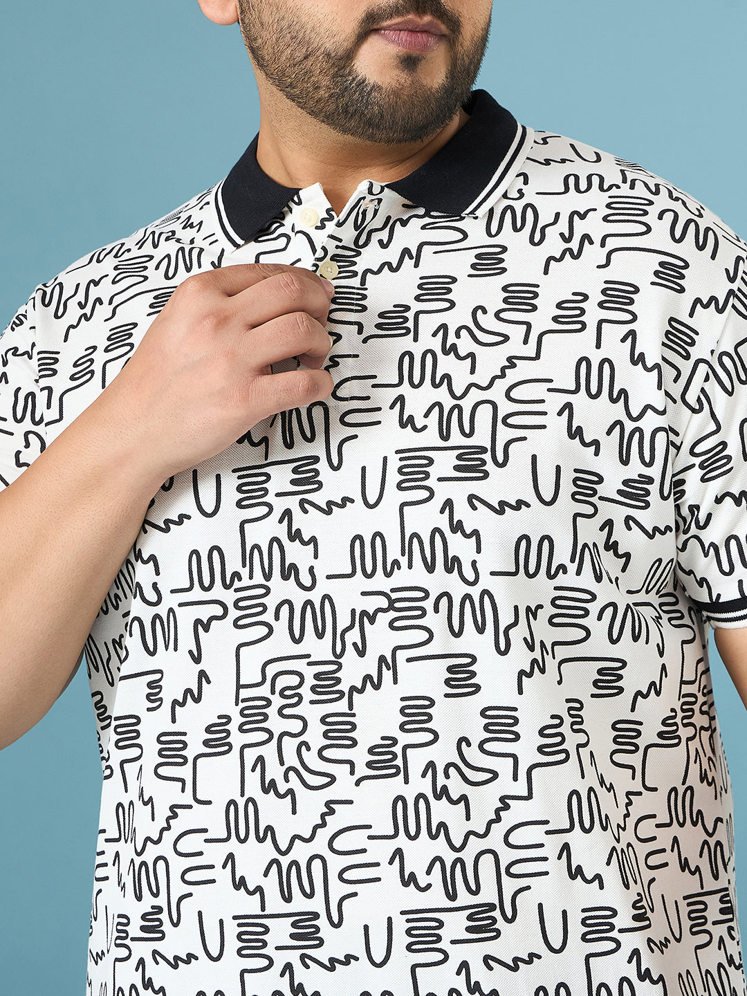 Men Plus Size Doodle White Printed Polo Tshirt
