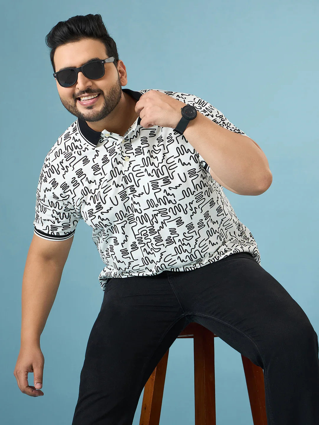 Men Plus Size Doodle White Printed Polo Tshirt