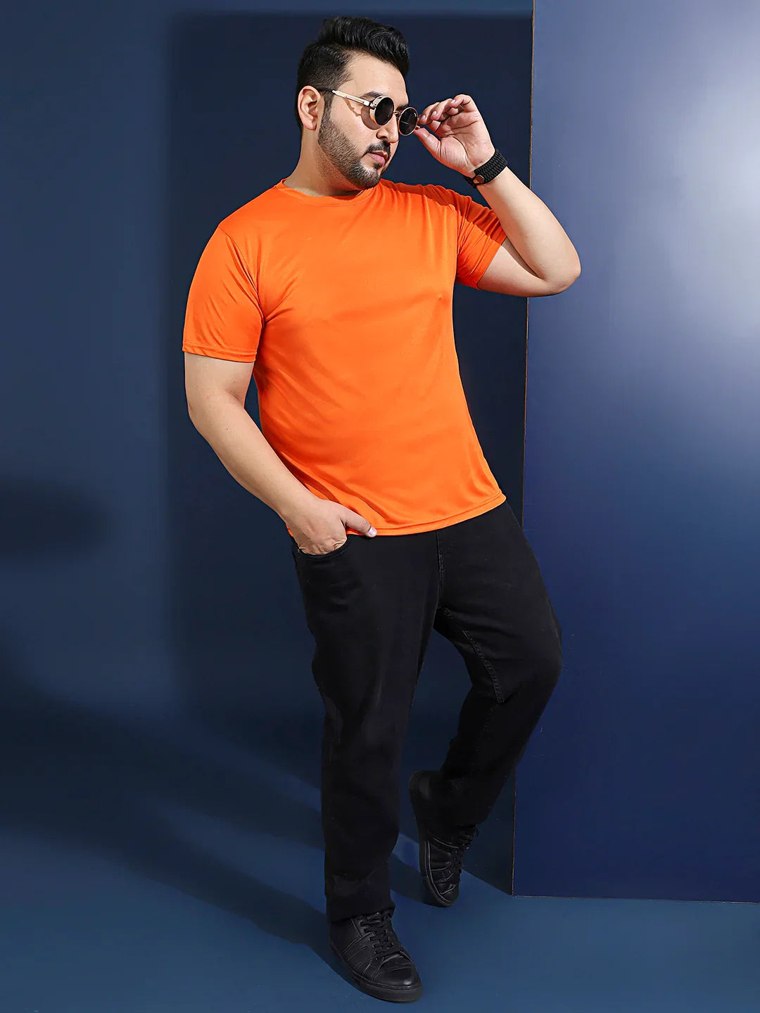 Men Plus Size Dripline Printed Orange Round Neck Tshirt - bigbanana