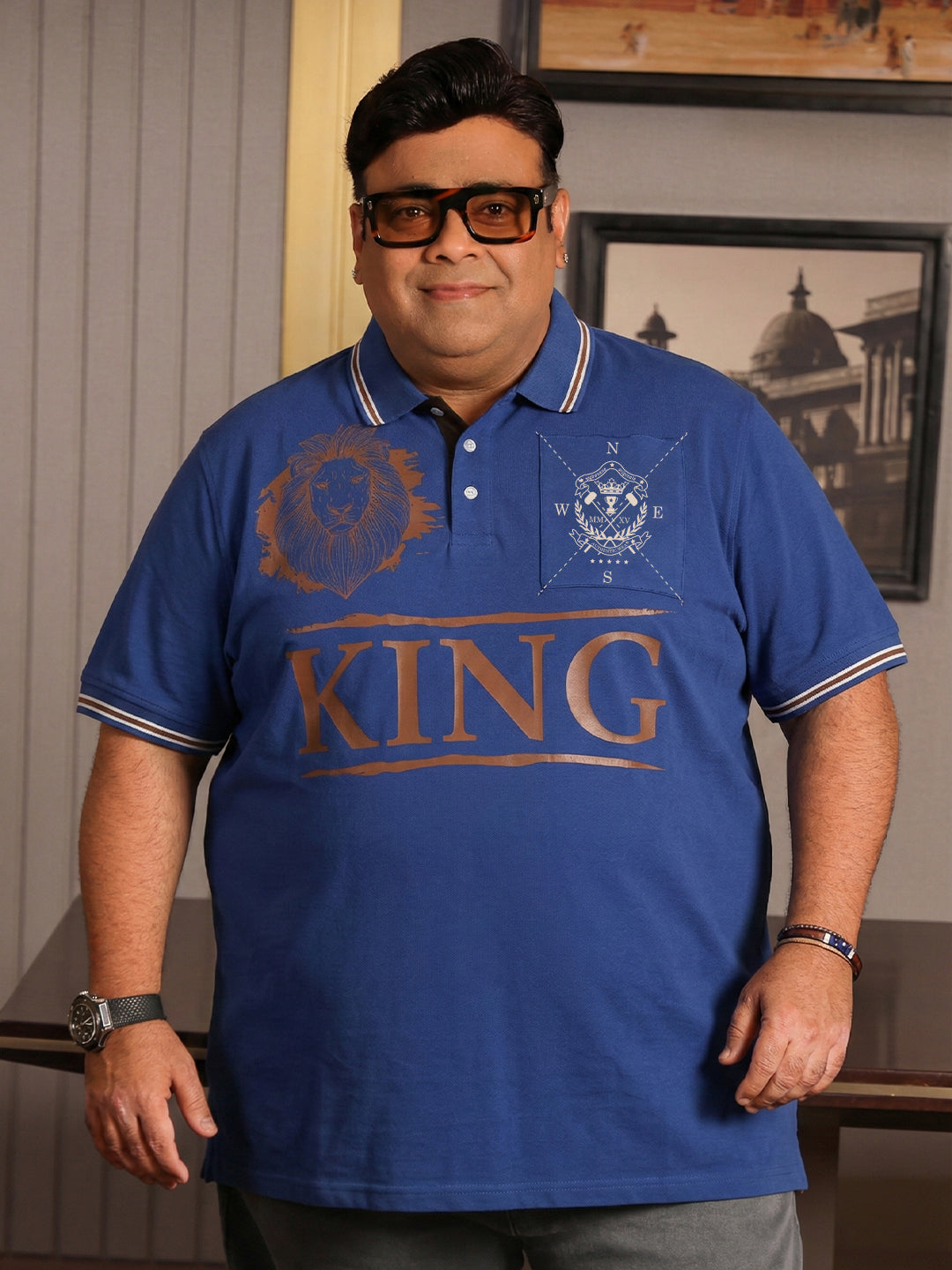 Men Plus Size Dynast Blue Printed Polo Tshirt