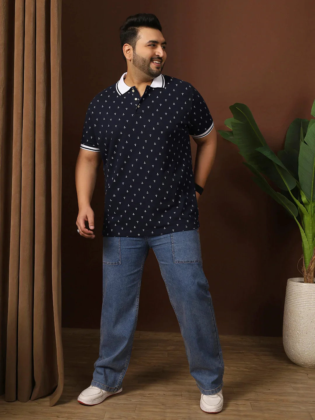 Men Plus Size Edge Printed Navy Polo Tshirt - bigbanana