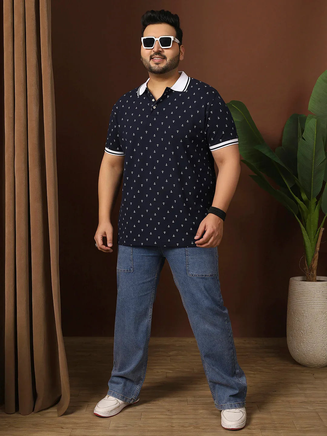 Men Plus Size Edge Printed Navy Polo Tshirt - bigbanana