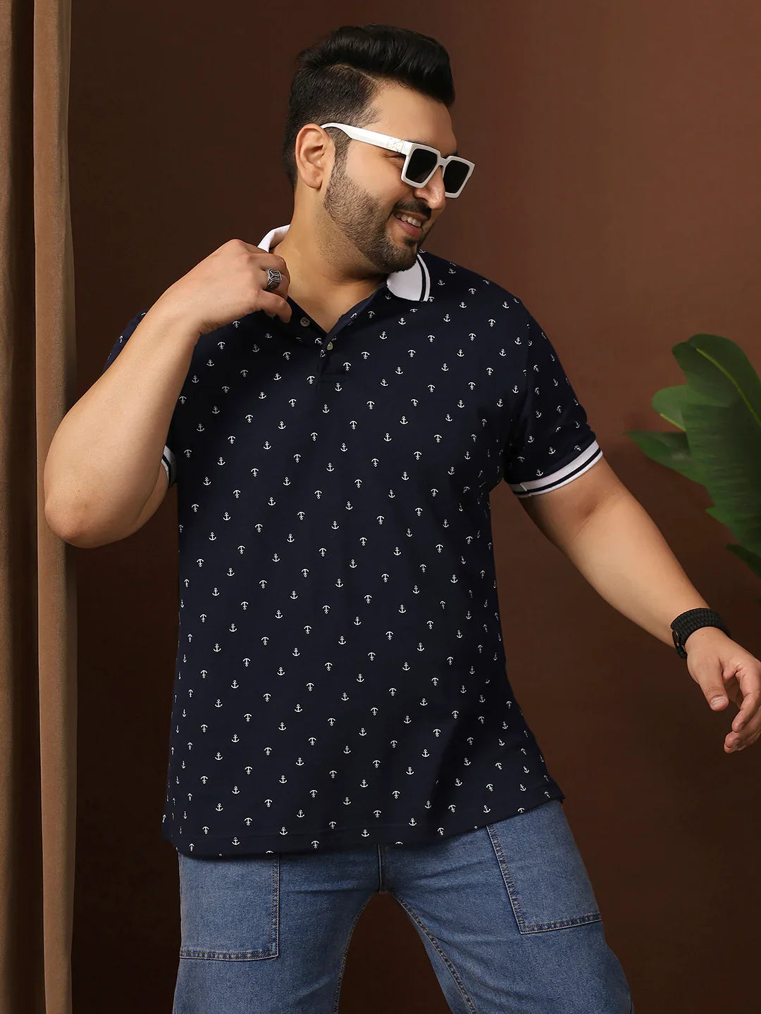 Men Plus Size Edge Printed Navy Polo Tshirt - bigbanana