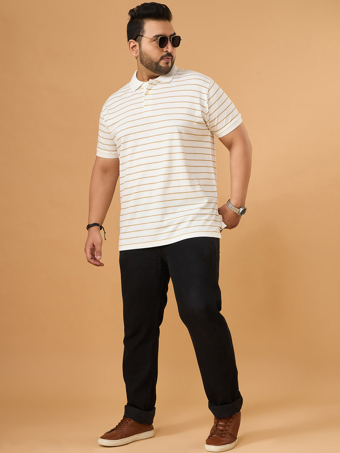 Men Plus Size Elegant White Striped Polo Tshirt