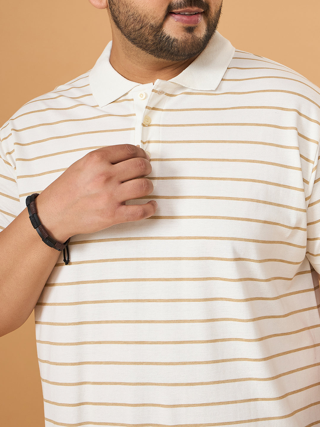 Men Plus Size Elegant White Striped Polo Tshirt