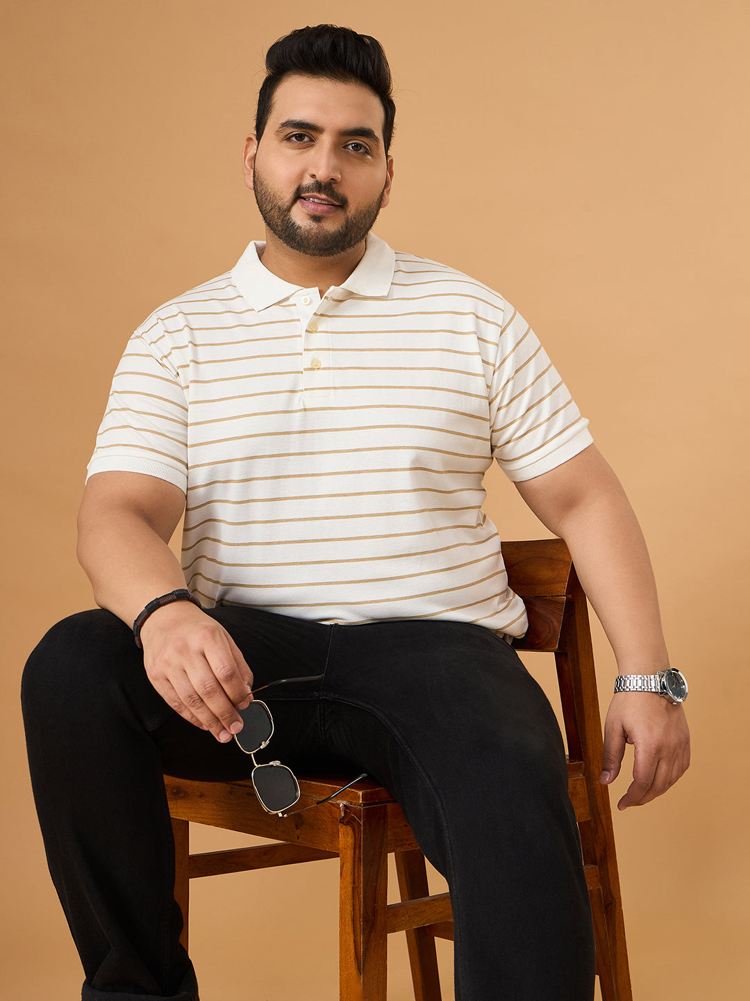 Men Plus Size Elegant White Striped Polo Tshirt