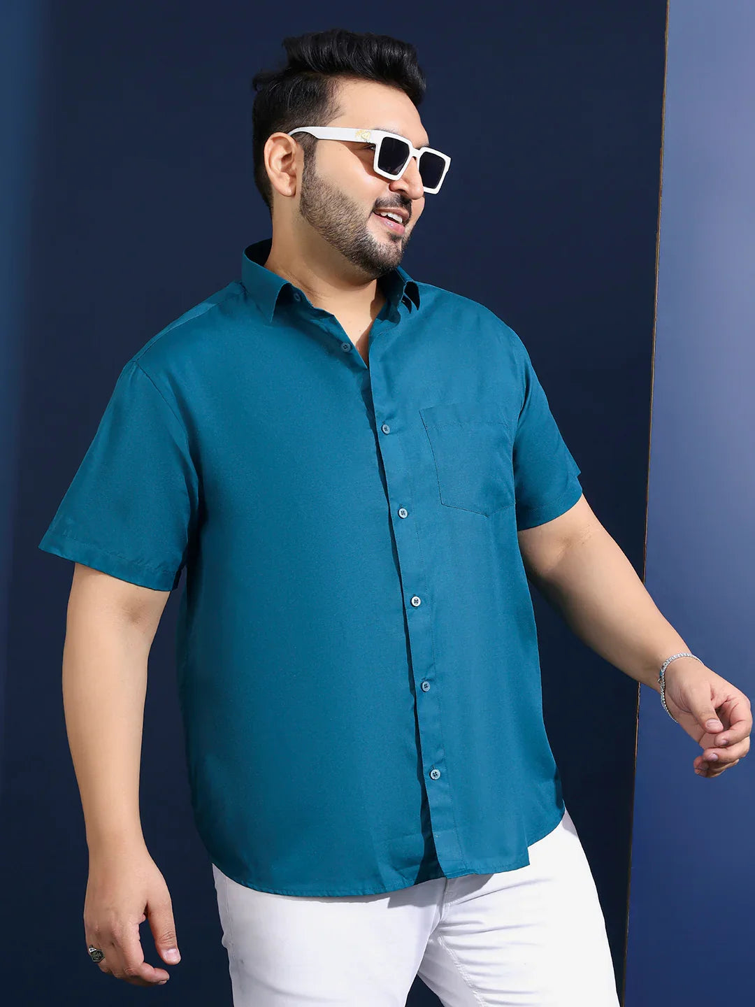 Men Plus Size Ethan-Blue Blue Solid Shirt - bigbanana