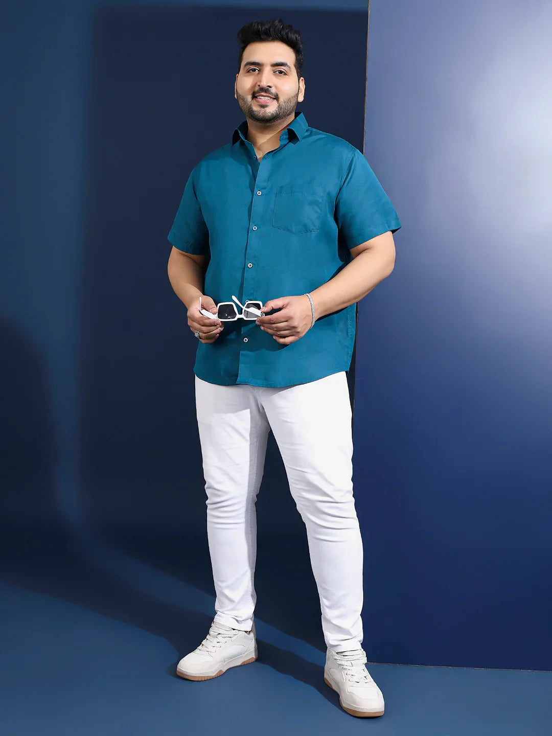 Men Plus Size Ethan-Blue Blue Solid Shirt - bigbanana