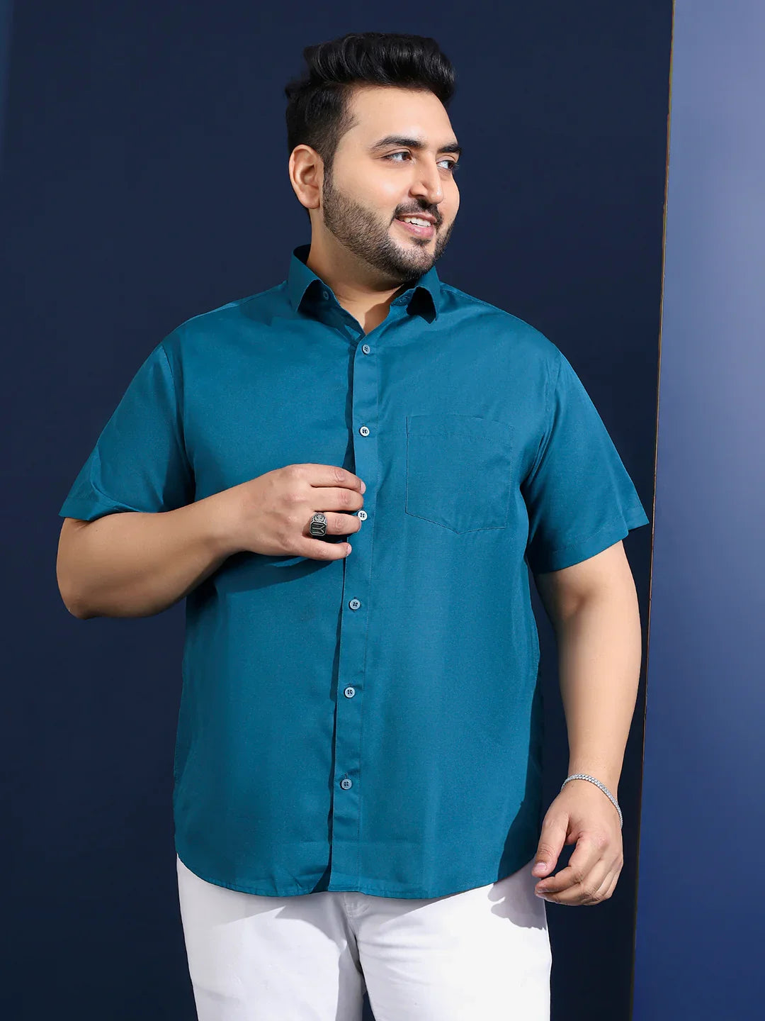 Men Plus Size Ethan-Blue Blue Solid Shirt - bigbanana