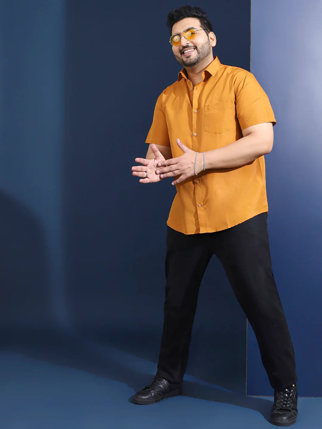 Men Plus Size Ethan-Musatrd Mustard Solid Shirt - bigbanana