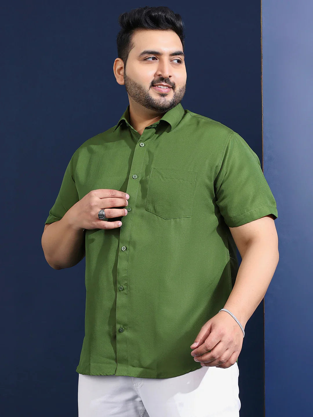 Men Plus Size Ethan-Olive Olive Solid Shirt - bigbanana