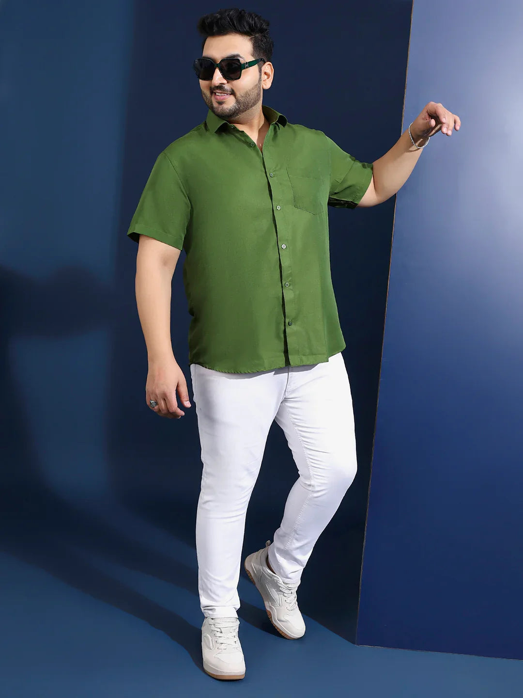 Men Plus Size Ethan-Olive Olive Solid Shirt - bigbanana