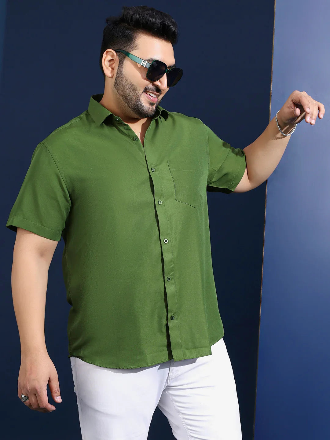 Men Plus Size Ethan-Olive Olive Solid Shirt - bigbanana